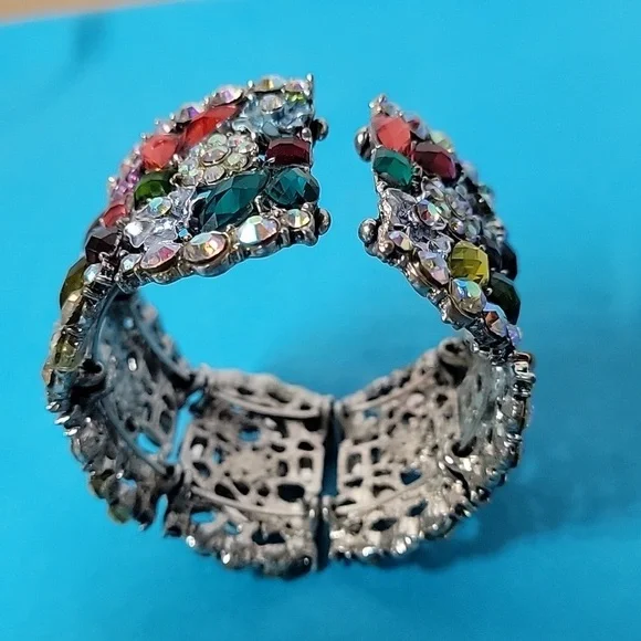Cocktail Colorful Multi-Color Embellished Floral Rhinestone Stretchable Bangle - Picture 8 of 11